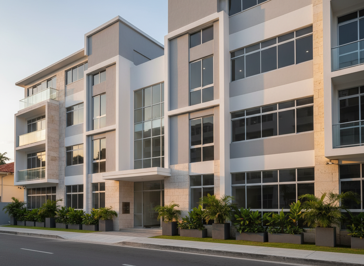 Fotografía hiperrealista de la fachada terminada de un edificio mixto residencial y comercial en Ciudad de Panamá. Volúmenes modernos en tonos blanco y gris claro, ventanales de vidrio templado con marcos de aluminio y detalles en piedra natural clara. El edificio se alza sobre una acera limpia con jardineras de vegetación tropical bien cuidada y un acceso principal amplio con marquesina minimalista. Luz cálida de atardecer caribeño resalta las texturas y proyecta sombras suaves, creando un ambiente profesional y confiable. Toma a nivel de calle con ligera perspectiva en ángulo, enfoque nítido en toda la escena, estilo fotográfico realista, composición limpia que transmite orden, calidad constructiva y diseño arquitectónico contemporáneo panameño, sin presencia de personas ni texto.