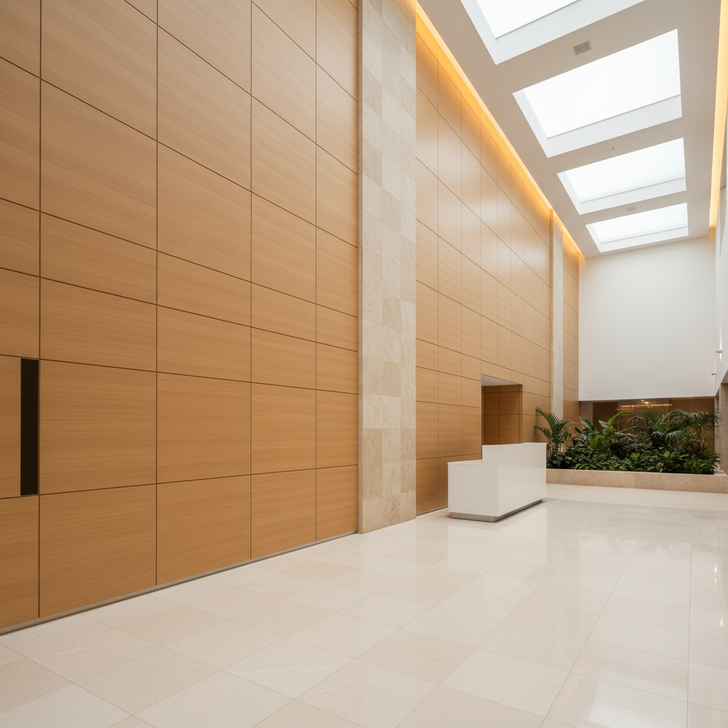 Detalle fotográfico de alta calidad de acabados arquitectónicos en el lobby de un edificio corporativo nuevo en Panamá. Un muro alto revestido en paneles de madera clara perfectamente modulados se combina con una franja vertical de piedra natural beige de textura sutil. Piso de gran formato en porcelanato pulido color marfil refleja ligeramente la luz. En un costado, un volumen de recepción minimalista sin logotipos, en tono blanco mate, y al fondo un jardín interior con plantas tropicales bajas. Luz natural entra desde un lucernario superior complementada con iluminación indirecta LED cálida, creando un ambiente sofisticado y profesional. Cámara a nivel de ojo, encuadre en ángulo para resaltar líneas y materiales, enfoque nítido en texturas, estilo fotográfico realista, sin personas ni textos.