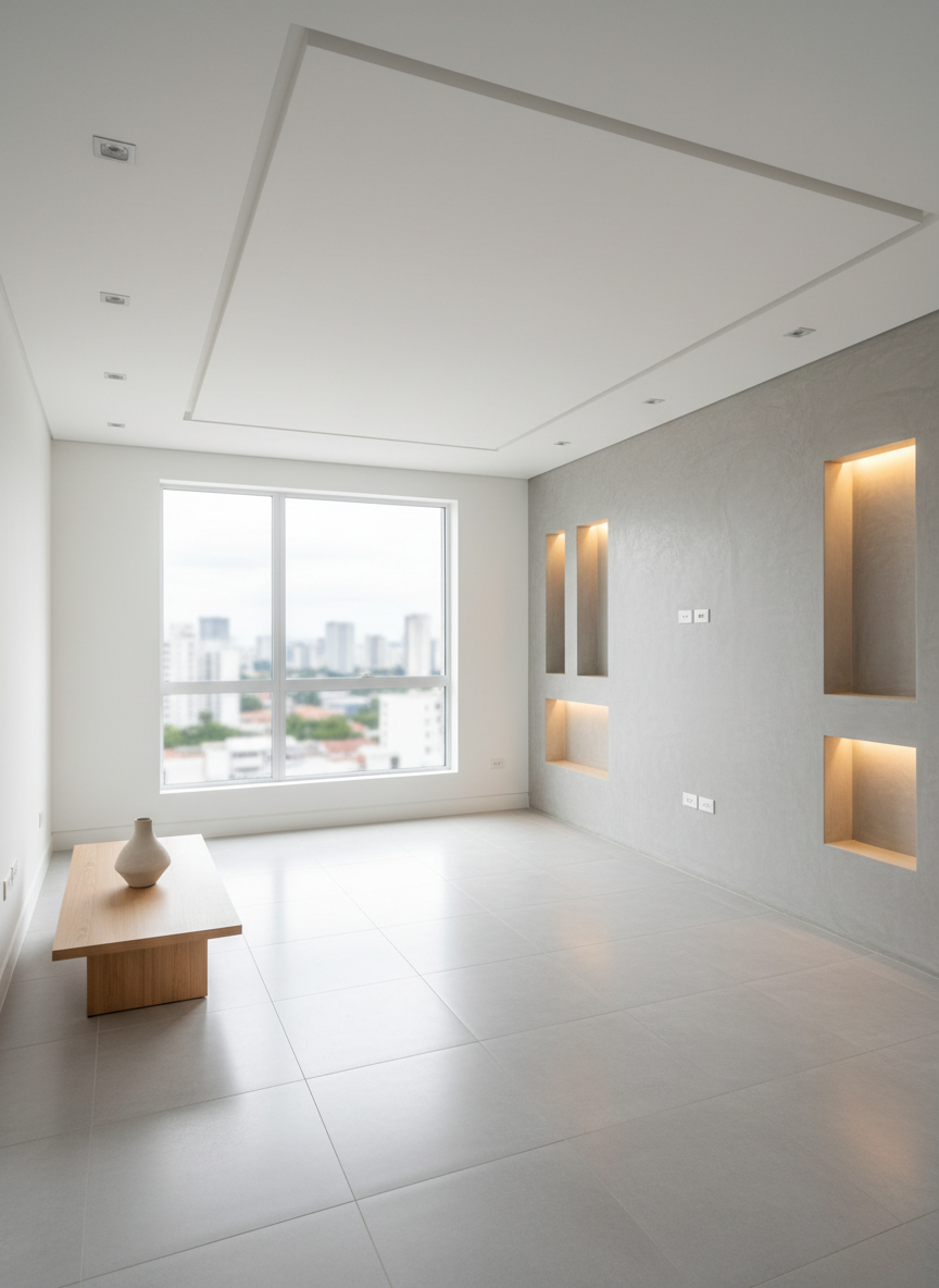 Vista interior fotográfica de una sala de estar residencial completamente remodelada en Panamá, mostrando un diseño moderno y luminoso. Paredes blancas impecables, piso de porcelanato gris claro con acabado satinado y un gran ventanal de piso a techo con vista desenfocada a la ciudad. Un muro de acento en textura de concreto pulido y nichos empotrados con iluminación LED cálida resaltan la calidad del acabado. Luz natural difusa entra por el ventanal combinada con iluminación empotrada en cielo raso de gypsum perfectamente alineado. Composición en regla de tercios desde un ángulo ligeramente elevado, atmósfera elegante, ordenada y profesional que comunica excelencia en remodelación y diseño interior, estilo fotográfico realista, sin muebles saturados, sin personas ni textos.