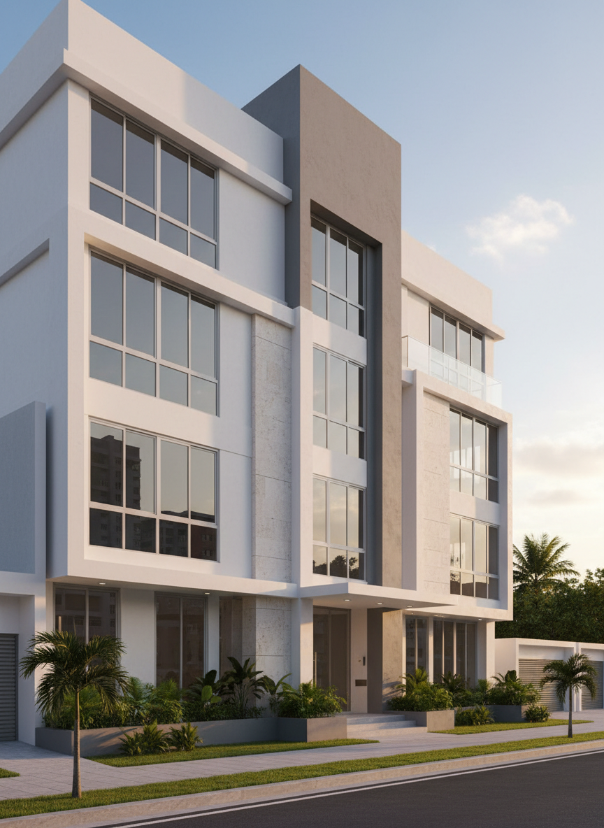 Fotografía hiperrealista de la fachada terminada de un edificio mixto residencial y comercial en Ciudad de Panamá. Volúmenes modernos en tonos blanco y gris claro, ventanales de vidrio templado con marcos de aluminio y detalles en piedra natural clara. El edificio se alza sobre una acera limpia con jardineras de vegetación tropical bien cuidada y un acceso principal amplio con marquesina minimalista. Luz cálida de atardecer caribeño resalta las texturas y proyecta sombras suaves, creando un ambiente profesional y confiable. Toma a nivel de calle con ligera perspectiva en ángulo, enfoque nítido en toda la escena, estilo fotográfico realista, composición limpia que transmite orden, calidad constructiva y diseño arquitectónico contemporáneo panameño, sin presencia de personas ni texto.